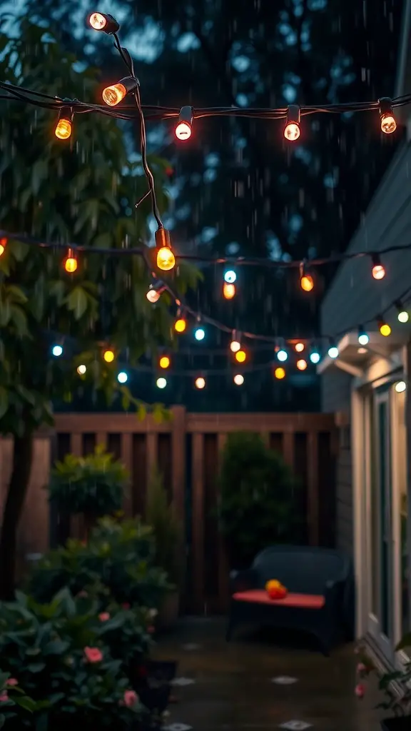 17 Stunning Backyard String Lights to Transform Your Outdoor Space 6 Colorful waterproof LED string lights hanging in a backyard during rain