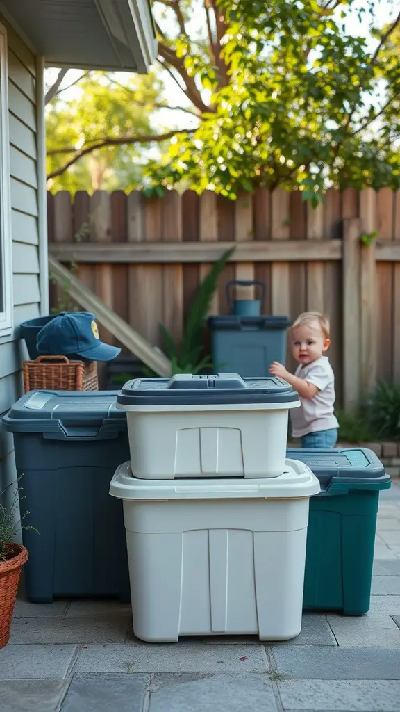 23 Creative Outdoor Toy Storage Ideas for a Clutter-Free Yard 10 A toddler beside weather-resistant plastic storage containers in a backyard