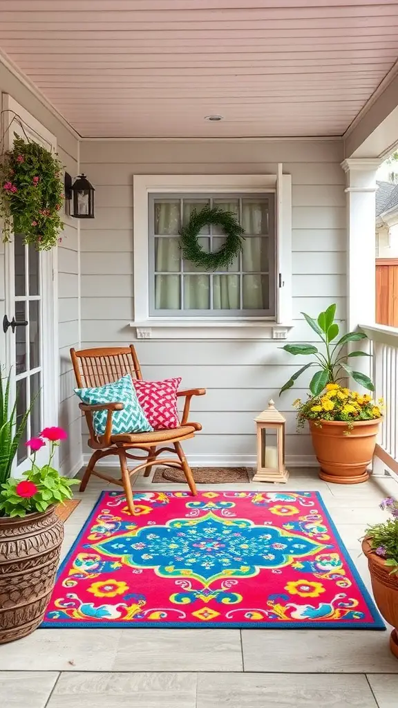 21 Charming Small Back Porch Ideas to Transform Your Outdoor Space 6 A cozy back porch featuring a colorful weather-resistant rug, wooden chair, cushions, and plants, creating a cheerful outdoor space.