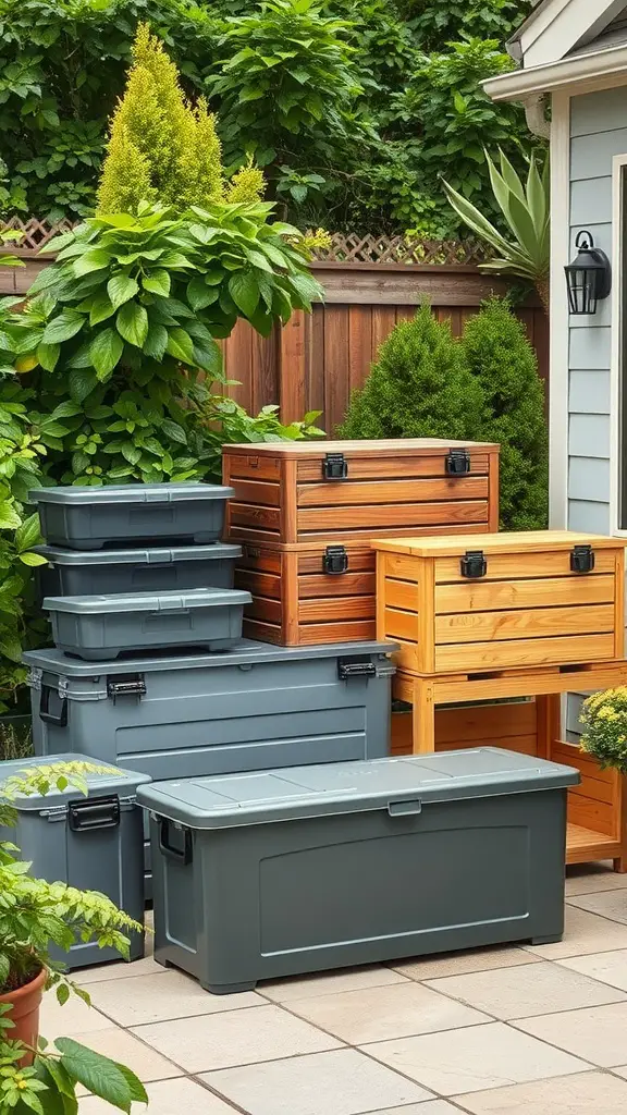25 Clever Outdoor Storage Ideas to Maximize Space 6 A collection of weatherproof storage solutions, including gray plastic bins and wooden boxes, organized in an outdoor setting.