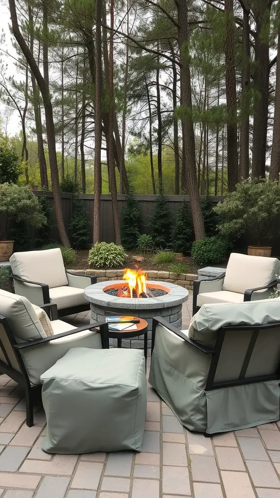 17 Stunning Outdoor Fire Pit Area Ideas for Cozy Gatherings 16 An outdoor fire pit area with comfortable chairs and greenery in the background, ideal for gatherings.