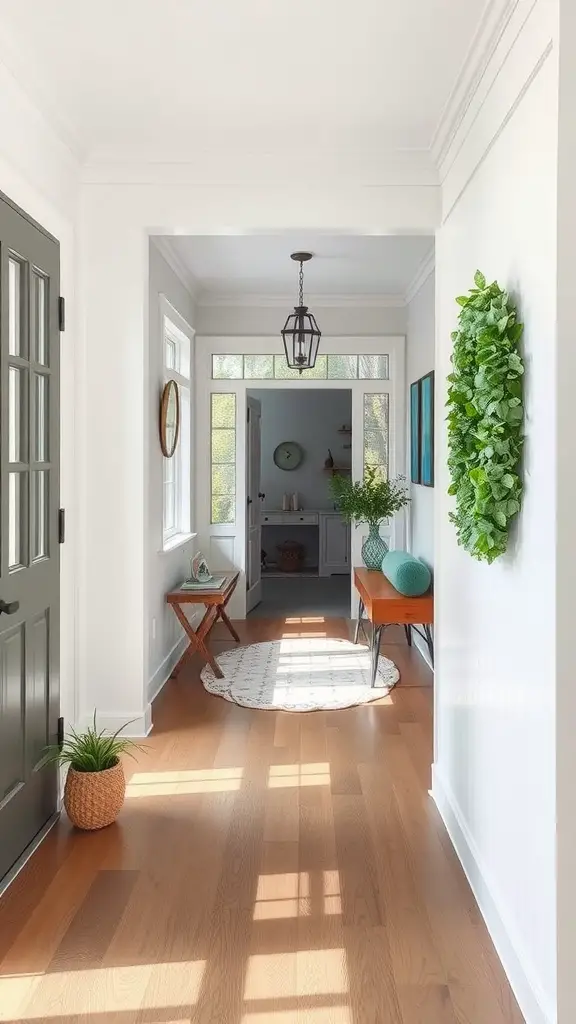 Bright entryway with wooden flooring, plants, and decorative elements leading to a sunroom.