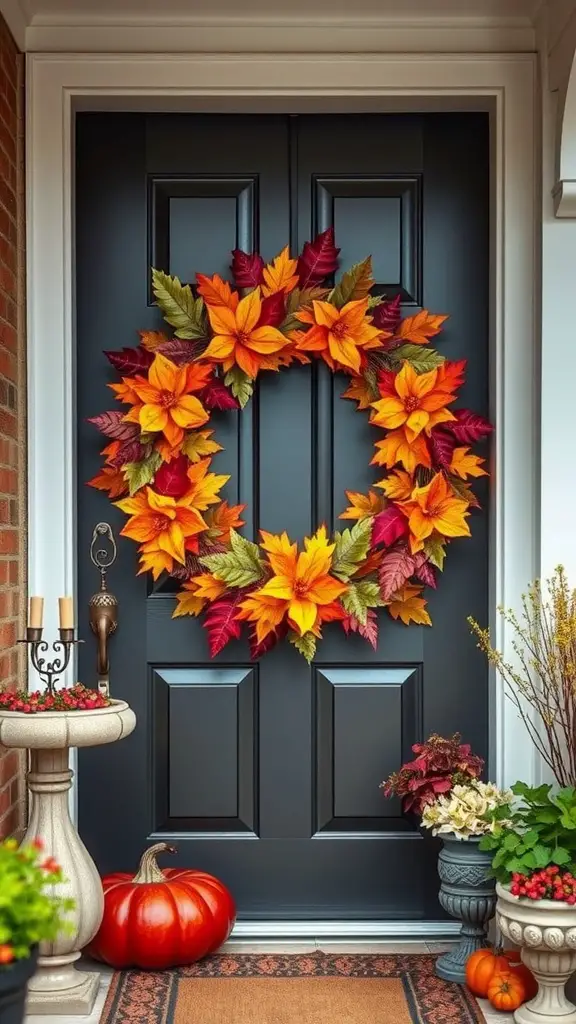 A beautiful fall wreath with orange, yellow, and red leaves hanging on a black door, surrounded by pumpkins and potted plants on a porch.