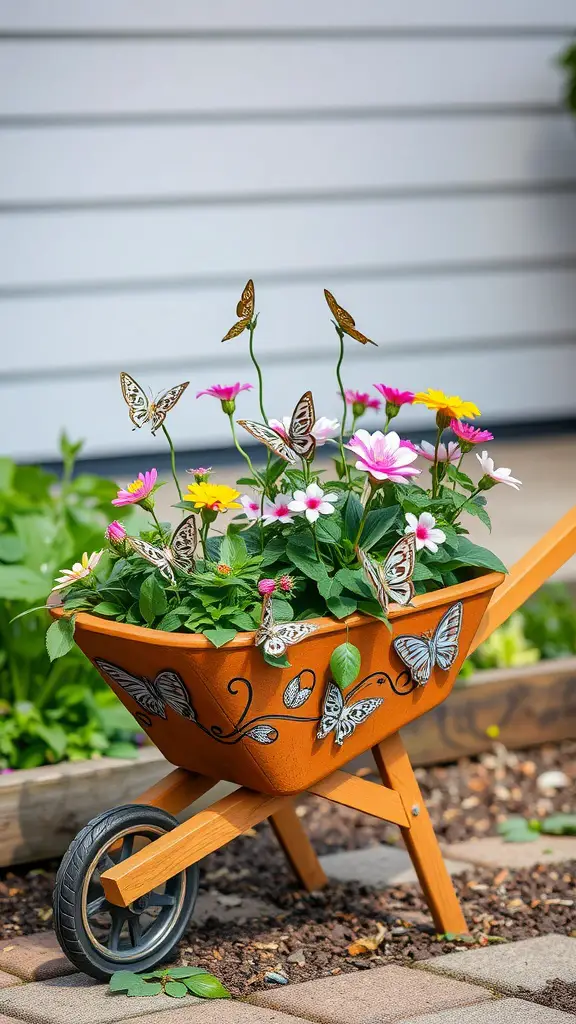 19 Creative Wheelbarrow Planter Ideas for Your Garden 11 Colorful wheelbarrow planter filled with flowers and butterfly decorations