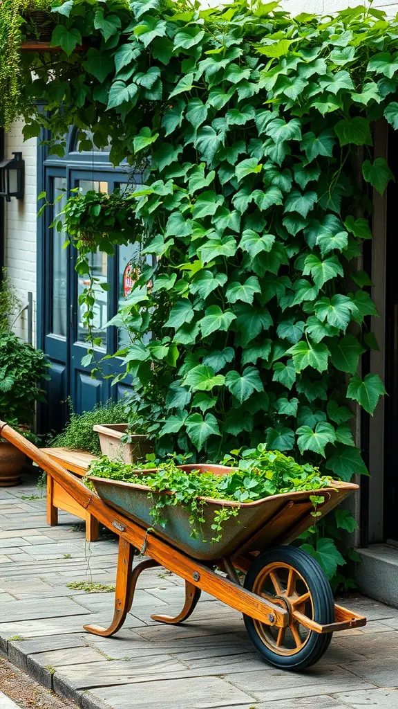 19 Creative Wheelbarrow Planter Ideas for Your Garden 17 A wooden wheelbarrow filled with lush green plants and climbing vines, set against a stylish background.