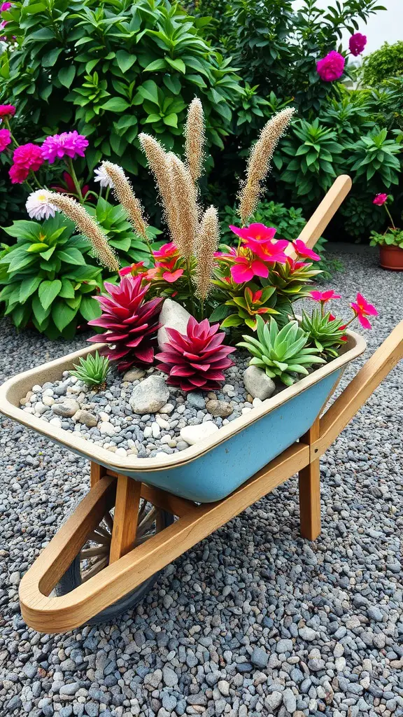 19 Creative Wheelbarrow Planter Ideas for Your Garden 5 Colorful wheelbarrow planter filled with succulents and decorative rocks, set against a lush garden background.