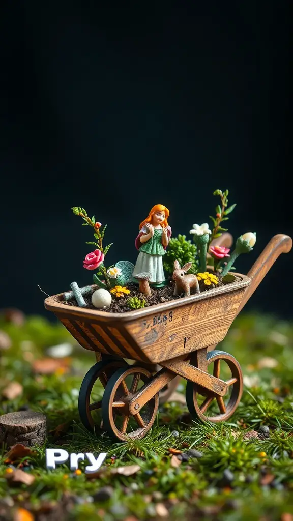 19 Creative Wheelbarrow Planter Ideas for Your Garden 12 A wooden wheelbarrow planter filled with plants, flowers, and a fairy figurine.