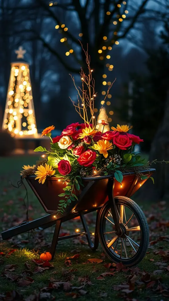 19 Creative Wheelbarrow Planter Ideas for Your Garden 13 A decorated wheelbarrow planter filled with colorful flowers, surrounded by twinkling lights and autumn leaves.