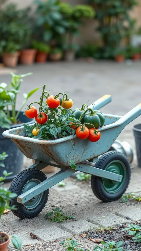 19 Creative Wheelbarrow Planter Ideas for Your Garden 4 A blue wheelbarrow filled with tomatoes and peppers in a garden setting