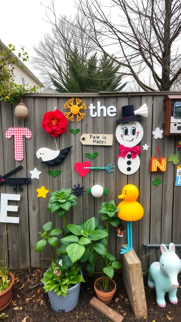 17 Creative Landscaping Ideas for Your Fence Area 11 Colorful decorations on a wooden fence featuring flowers, a snowman, and playful characters