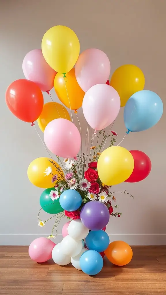Colorful balloon arrangement with flowers for a party centerpiece.