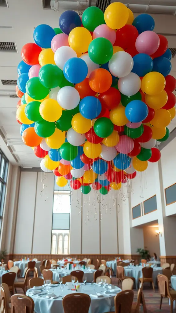 23 Stunning Banquet Decoration Ideas for Your Next Event 12 A colorful balloon installation hanging from the ceiling in a banquet hall.