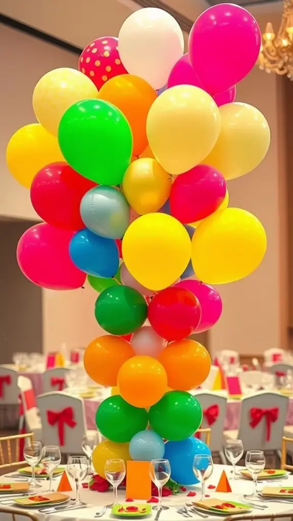 A tall, colorful balloon tower centerpiece on a dining table, surrounded by elegant table settings.