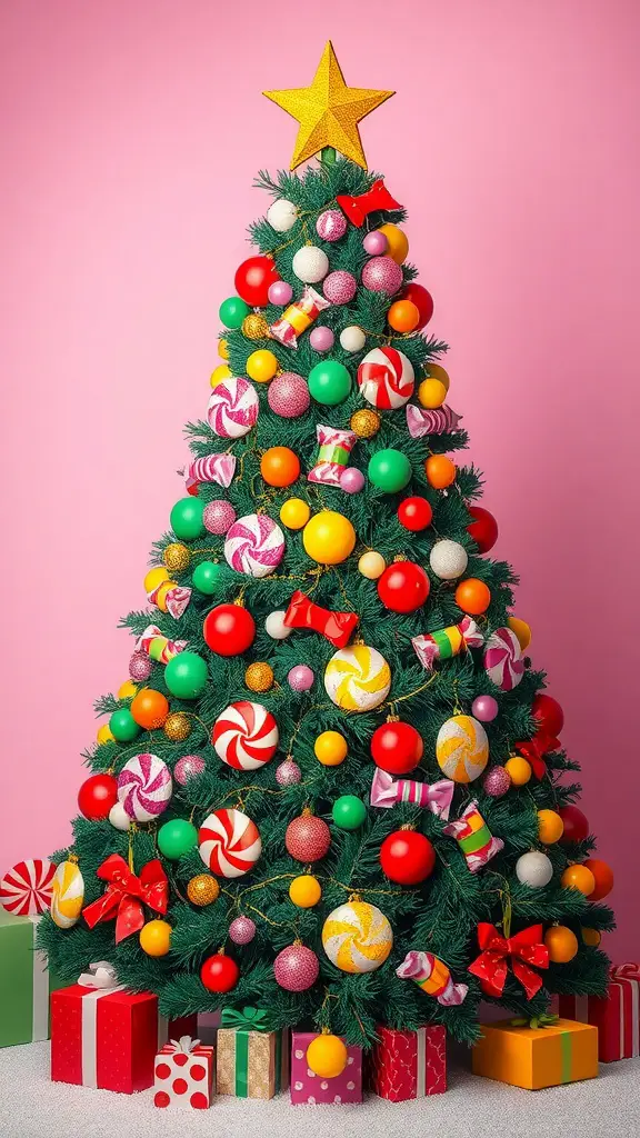 17 Creative Dollar Tree Christmas Tree Ideas on a Budget 4 Colorful Christmas tree decorated with candy-themed ornaments and presents at the base.