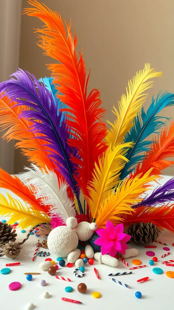 27 Stunning Wedding Round Table Centerpieces You Need to See 15 Colorful feather centerpiece with decorative items