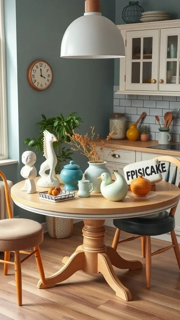 15 Stunning Round Kitchen Table Decor Ideas to Transform Your Space 13 A round kitchen table decorated with whimsical objects including a duck figurine, a turquoise teapot, and playful sculptures.
