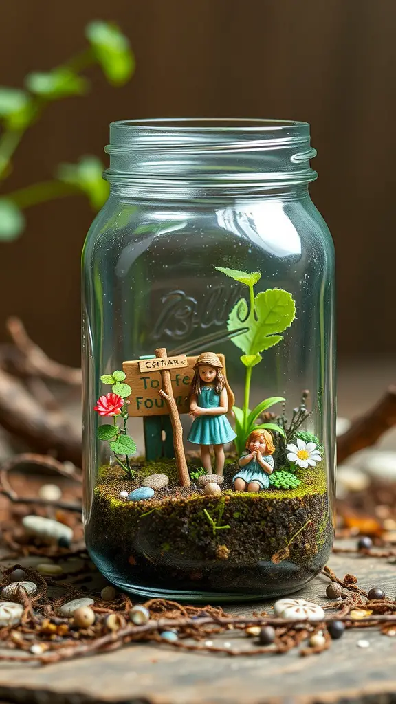 A whimsical fairy garden in a mason jar with tiny figurines, flowers, and a signpost.