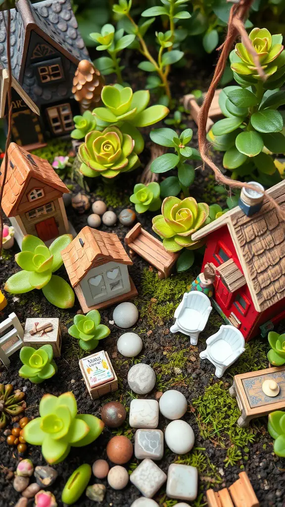 21 Stunning Ideas to Create Your Backyard Oasis 15 A whimsical fairy garden featuring miniature houses, colorful succulents, and decorative accents.