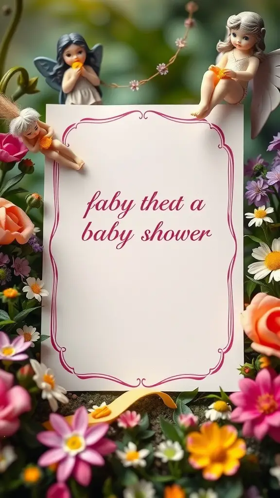 A whimsical fairy garden invitation with flowers and fairy figurines