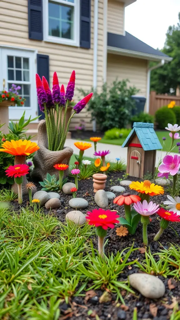 13 Stunning No Grass Front Yard Ideas for a Low-Maintenance Landscape 10 Colorful fairy garden with flowers, stones, and a small house