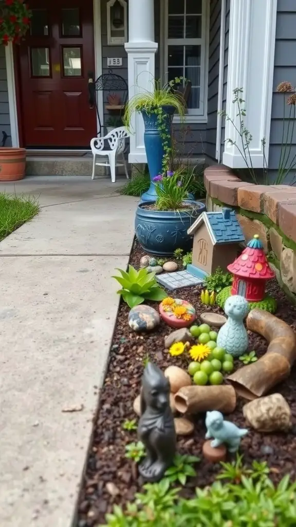A whimsical fairy garden with colorful decorations, miniature plants, and charming figurines