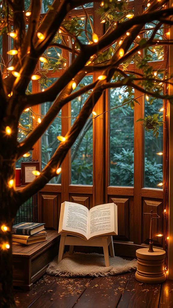 13 Cozy Garden Reading Nook Ideas for Book Lovers 10 Cozy reading nook illuminated by fairy lights, with an open book and wooden decor.