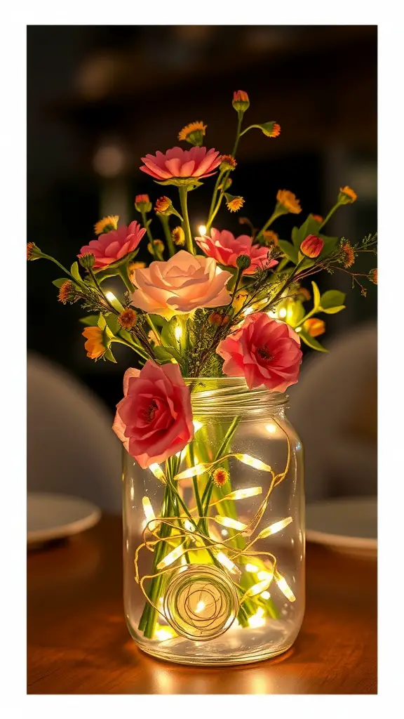 19 Stunning Wedding Floral Centerpieces to Inspire Your Big Day 14 A glass jar filled with pink flowers and fairy lights, creating a whimsical centerpiece.