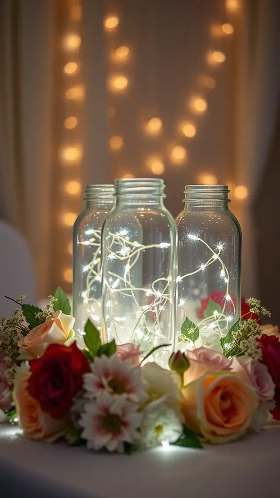 25 Stunning Wedding Table Centerpieces to Inspire Your Big Day 12 Three glass jars filled with fairy lights surrounded by colorful flowers