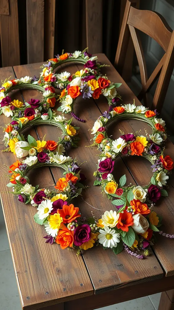 23 Stunning Fall Flower Garden Ideas to Transform Your Outdoor Space 15 Multiple colorful flower crowns made from various autumn flowers on a wooden table.