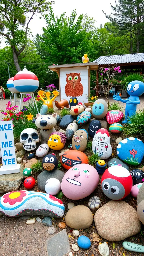 A colorful display of painted rocks and garden art installations, including an owl mural and whimsical sculptures.