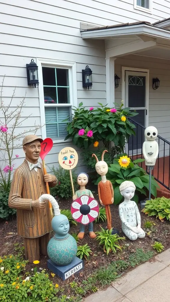 19 Stunning Small Front Yard Landscaping Ideas 12 A front yard with whimsical garden art sculptures including a man in a striped suit, colorful creatures, and a flower.