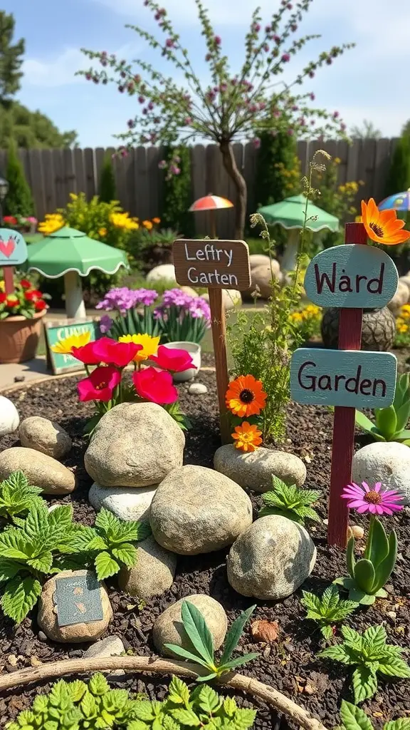 A whimsical garden with colorful flowers, signs, and decorative stones