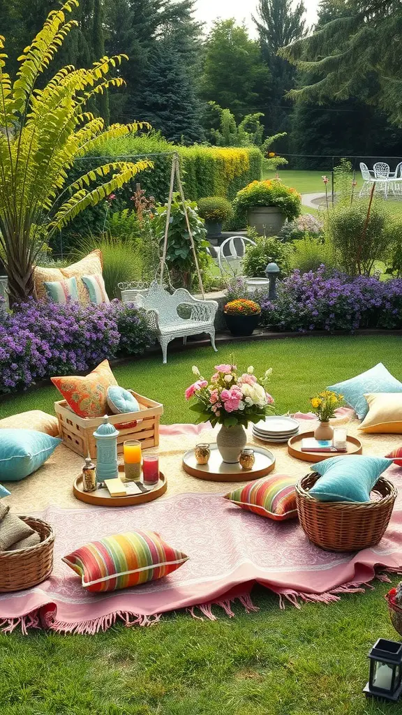 17 Fun Outdoor Birthday Party Ideas for an Unforgettable Celebration 7 A colorful garden picnic setup with pillows, drinks, and flowers.