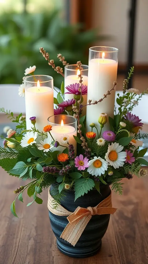 A centerpiece with floating candles surrounded by colorful flowers in a rustic pot.