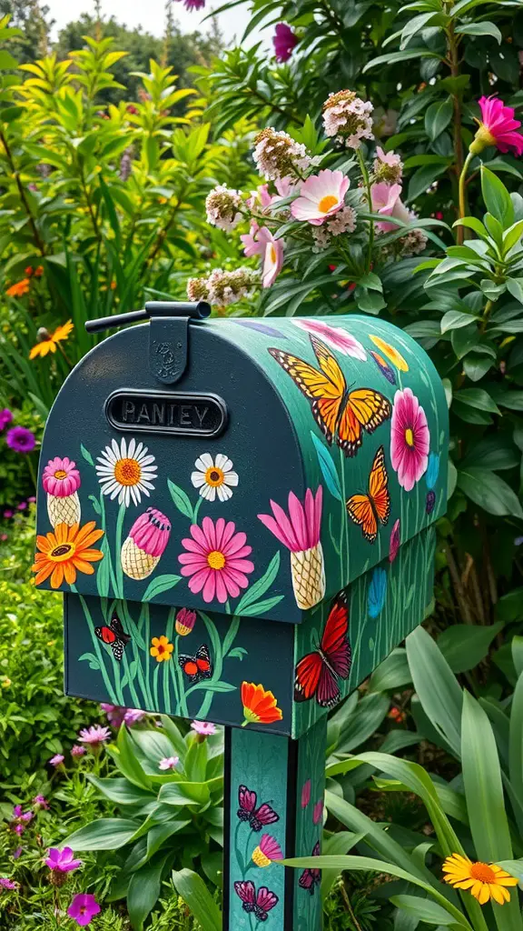 15 DIY Painted Mailbox Ideas to Brighten Your Curb Appeal 3 A colorful painted mailbox with butterflies and flowers, set in a lush garden.