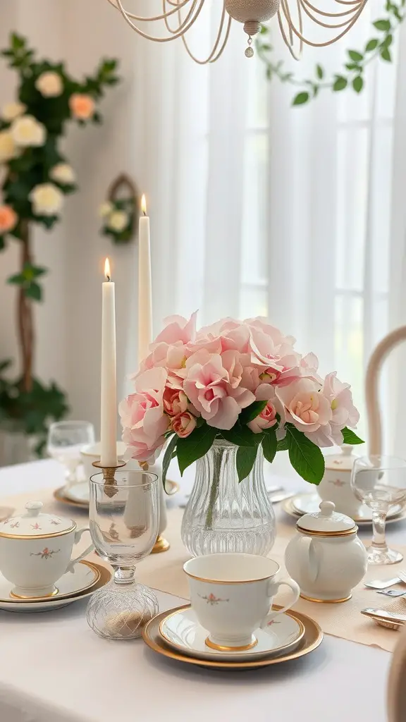 A beautifully arranged tea party table featuring pink hydrangeas, elegant teacups, and candles.