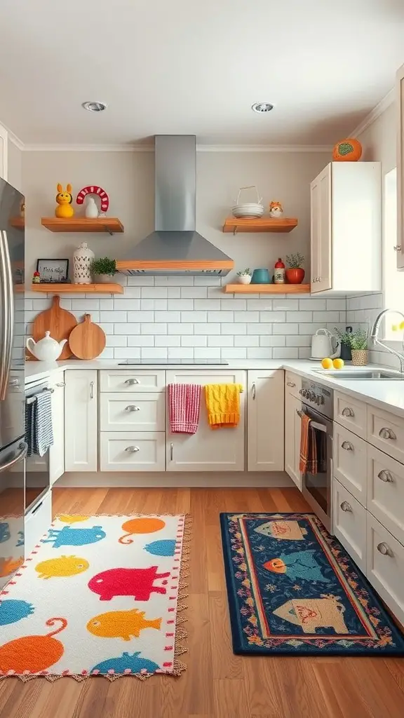 27 Whimsical Kitchen Ideas to Transform Your Cooking Space 11 Two colorful kitchen rugs featuring playful designs in a bright kitchen setting