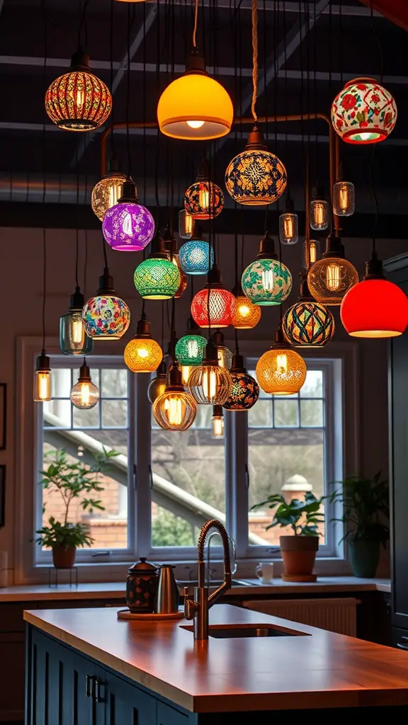 27 Whimsical Kitchen Ideas to Transform Your Cooking Space 7 A cluster of whimsical lighting fixtures in various colors and designs hanging from the ceiling in a kitchen.