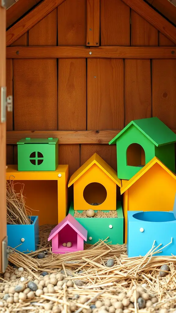 15 Creative Chicken Coop Decor Ideas to Enhance Your Backyard 9 Colorful nesting boxes in a wooden chicken coop, featuring bright pink, green, yellow, and blue designs.