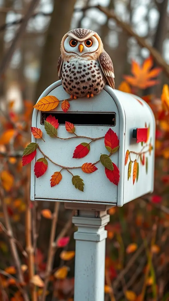 A whimsical owl decoration perched on a mailbox surrounded by autumn leaves.