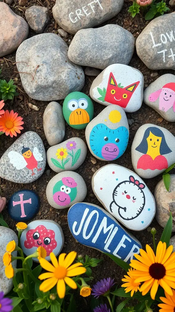 23 Creative Garden Rock Art Ideas to Brighten Your Outdoor Space 9 A collection of whimsical painted rocks with colorful designs surrounded by flowers.