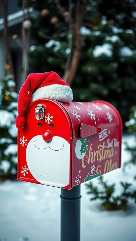 A red mailbox decorated with a Santa face and a Santa hat, surrounded by snow.