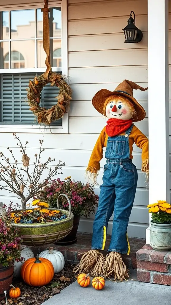 A cheerful scarecrow dressed in denim overalls and an orange sweater, surrounded by pumpkins and flowers on a porch.