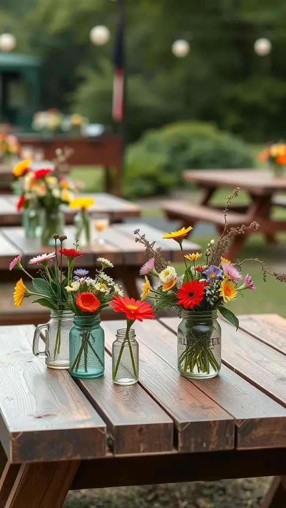 21 Affordable and Creative Backyard Wedding Ideas 5 Colorful flower arrangements in jars on wooden tables for a backyard wedding.