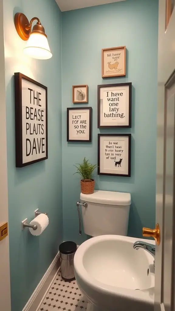 A small bathroom with light blue walls, featuring whimsical wall art and a potted plant.