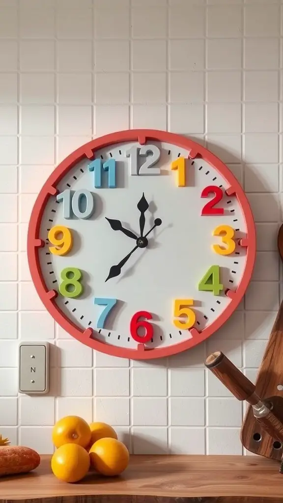 27 Whimsical Kitchen Ideas to Transform Your Cooking Space 15 A vibrant wall clock with colorful numbers and a red border, hanging in a kitchen.