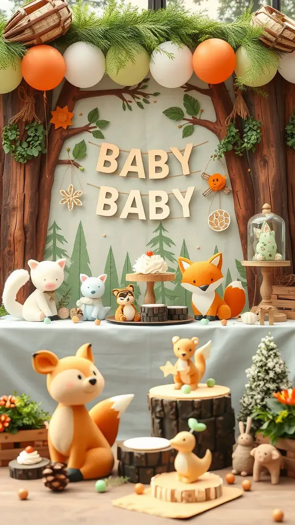 A whimsical woodland baby shower setup featuring cute animal decorations and a nature-inspired backdrop
