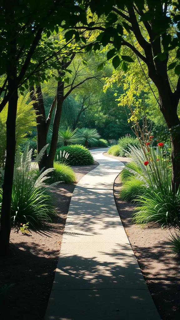 A winding pathway through a lush garden with trees and vibrant plants.