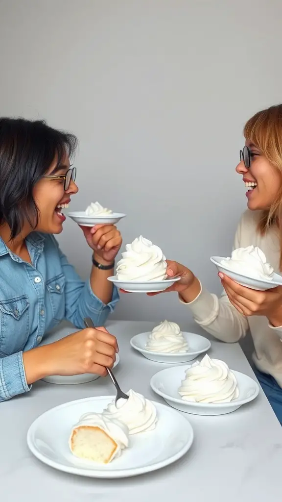 Two friends laughing while holding plates of whipped cream, with bowls on the table.