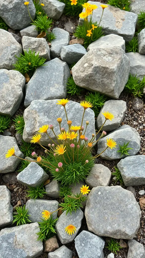19 Stunning Rock Garden Landscaping Ideas to Transform Your Outdoor Space 17 A collection of yellow wildflowers growing among gray rocks